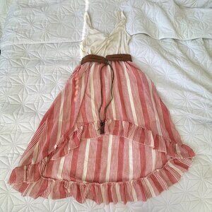 Striped Ruffle-Hem Sundress – Red & Cream Hi-Low Skirt with Belt, Size M
